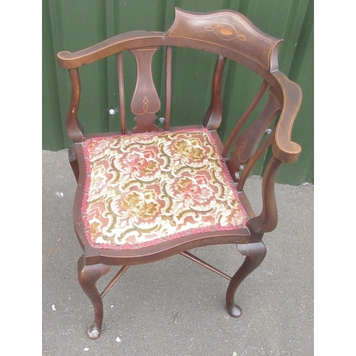 271 - Edwardian inlaid mahogany corner chair on cabriole legs and an Edwardian mahogany arm chair on squar... 