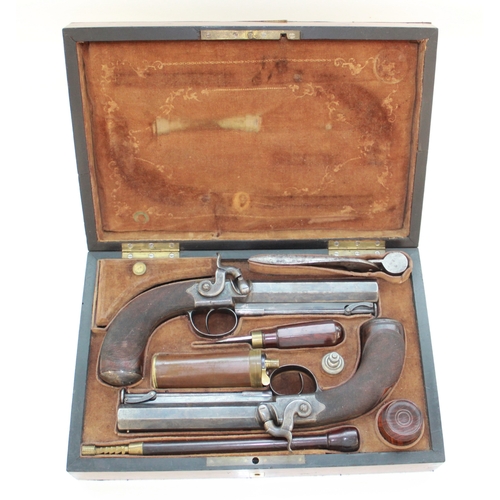 Charles & Henry Egg, Sons of Joseph Egg of London. Fine cased pair of Officer's Percussion Cap Pistols C1840.15 bore octagonal barrels with original bluing finish, belt clips and swivel ramrods. accessories include powder flask, bullet mould, oiler, treen cap box, screwdriver, cleaning rod. In fitted burr walnut case with key