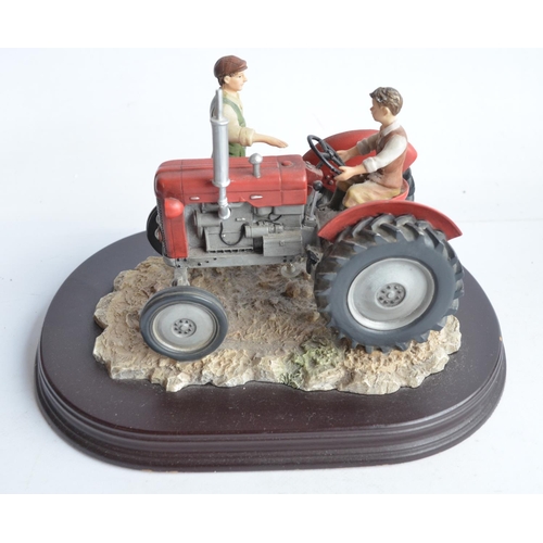 376A - Collection of ceramic tractor and farm related diorama based sculptures and a metal green tractor mo... 