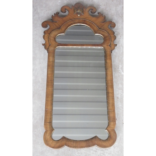 283 - George II style walnut wall mirror with arched fretwork cresting and gilt slip, H74cm W38cm