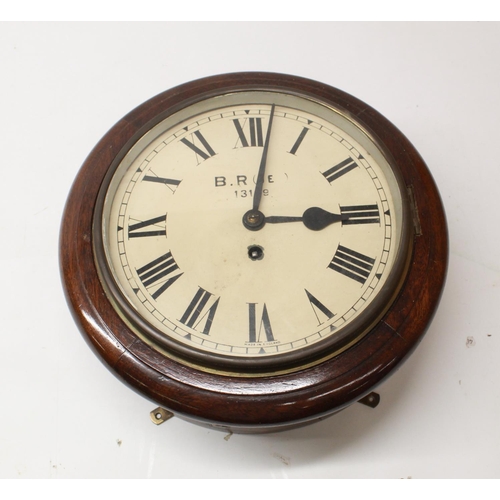 B.R. (N E) mahogany wall clock, brass bezel enclosing painted 10" Roman dial no. 13109, unsigned single fusee movement no. 21023, D33cm