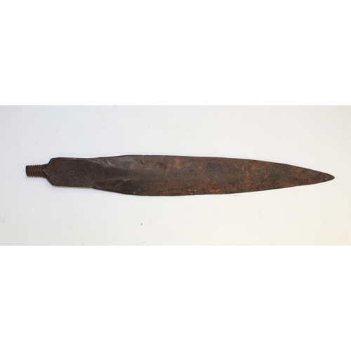 1523 - Tribal made dagger or spear head, formed from a metalworking rasp / file, hammered to form double ed... 