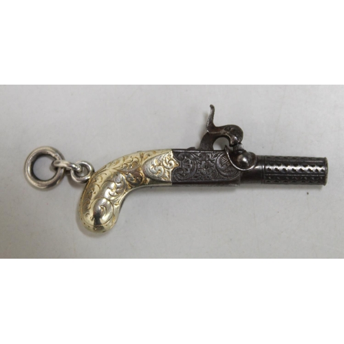 1591 - 19th century miniature functioning percussion cap pistol with 1cm rifled barrel, folding trigger,whi... 