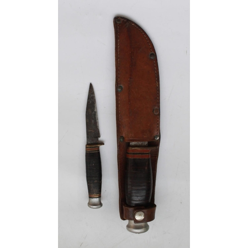 1605 - Unnamed Bowie Hunting Knife. Full tang clip blade with leather washer handle, brass guard and alloy ... 