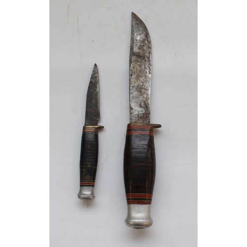 1605 - Unnamed Bowie Hunting Knife. Full tang clip blade with leather washer handle, brass guard and alloy ... 