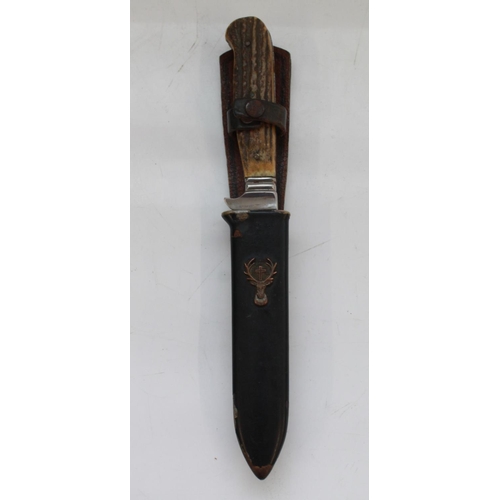 1607 - Unnamed, but quality hunting/skinning knife. Made from one piece of forged steel. Two piece antler h... 