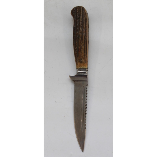 1607 - Unnamed, but quality hunting/skinning knife. Made from one piece of forged steel. Two piece antler h... 