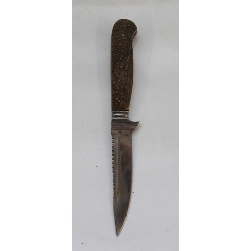 1607 - Unnamed, but quality hunting/skinning knife. Made from one piece of forged steel. Two piece antler h... 