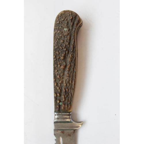 1607 - Unnamed, but quality hunting/skinning knife. Made from one piece of forged steel. Two piece antler h... 