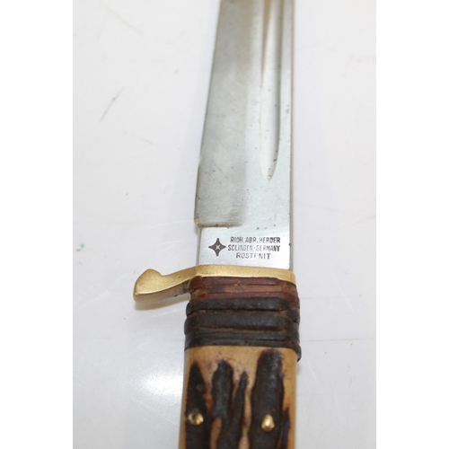 1608 - Hunting/ Skinning knife by Rich. Abr. Herder. Solingen Germany. Two piece antler and leather handle,... 