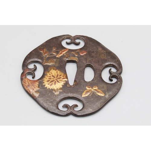 1618 - Japanese Bronze Tsuba circa early 19th century, with raised blossom and butterfly design in gilt hig... 