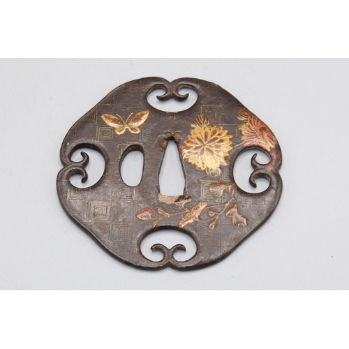 1618 - Japanese Bronze Tsuba circa early 19th century, with raised blossom and butterfly design in gilt hig... 