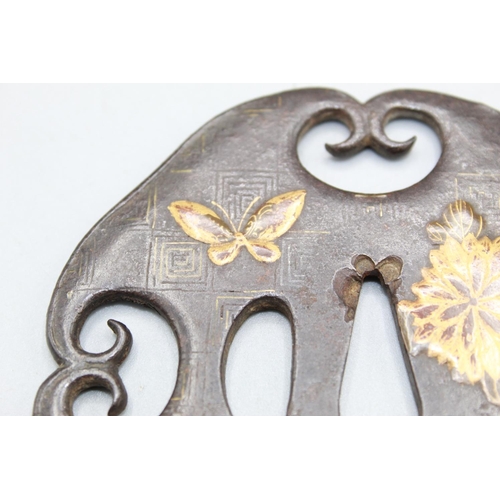 1618 - Japanese Bronze Tsuba circa early 19th century, with raised blossom and butterfly design in gilt hig... 