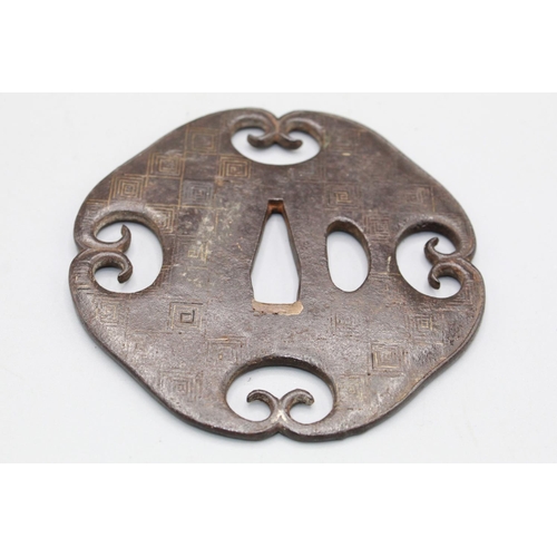 1618 - Japanese Bronze Tsuba circa early 19th century, with raised blossom and butterfly design in gilt hig... 