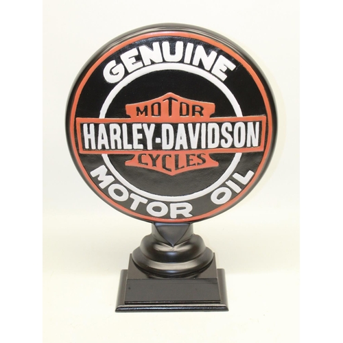 879 - Cast alloy convex Harley Davidson Motor Oil sign on pedestal base, H51.5cm