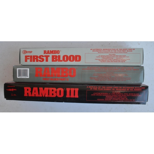 75A - Three officially licensed full size Rambo movie replica bowie knives from First Blood, First Blood P... 