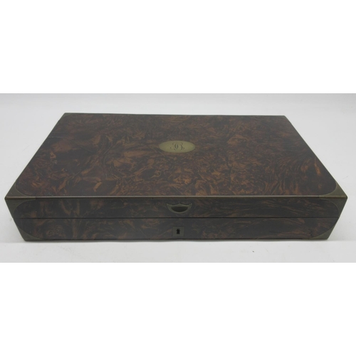 1627 - Bur wood double pistol case, fitted interior and inset brass corners and edging, 45x27x8cm (external... 