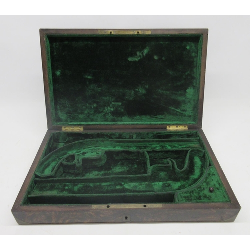 1627 - Bur wood double pistol case, fitted interior and inset brass corners and edging, 45x27x8cm (external... 