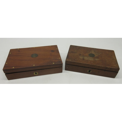 1634 - Mahogany and walnut pistol case/ box with trade label for William Golden, inset brass disc, 23x14x6c... 