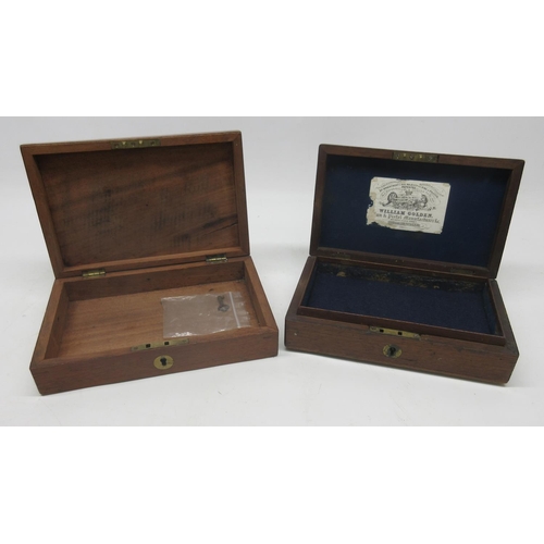 1634 - Mahogany and walnut pistol case/ box with trade label for William Golden, inset brass disc, 23x14x6c... 