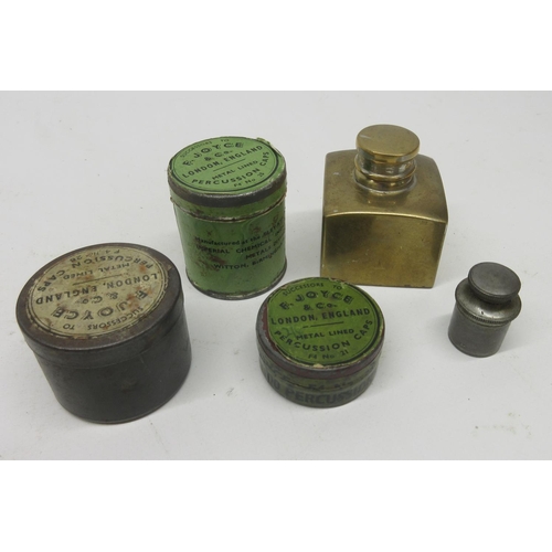 1640 - Silver plated square gun oil bottle, pewter bottle and three various F.Joyce percussion cap tins. (5... 