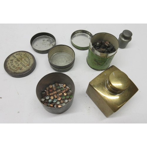 1640 - Silver plated square gun oil bottle, pewter bottle and three various F.Joyce percussion cap tins. (5... 