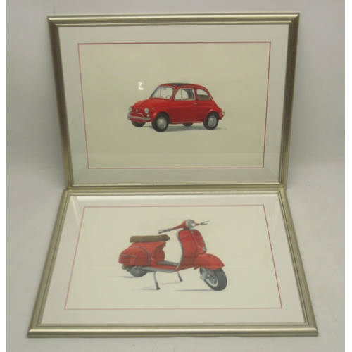 877 - Contemporary School; Fiat 500 car and Vespa scooter, pair of watercolours heightened with white, 34c... 