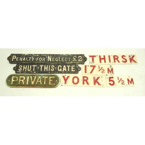 894 - Two L.N.E.R. Railway painted cast iron signs 'Shut This Gate'; 'Penalty For Neglect £2'; another cas... 