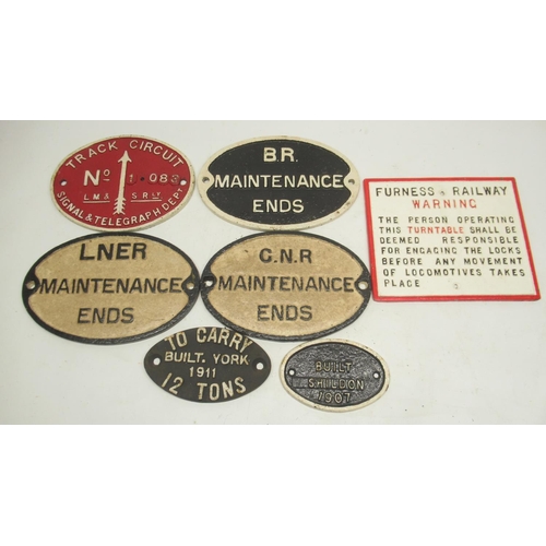 897 - Furness Railway painted cast iron turntable warning sign; three painted cast iron Maintenance Ends G... 