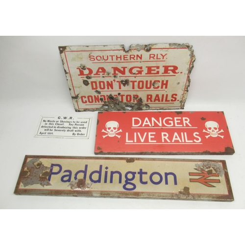 900 - Southern Rly. enamel warning sign 'Danger don't touch conductor rails', W51cm and three other railwa... 