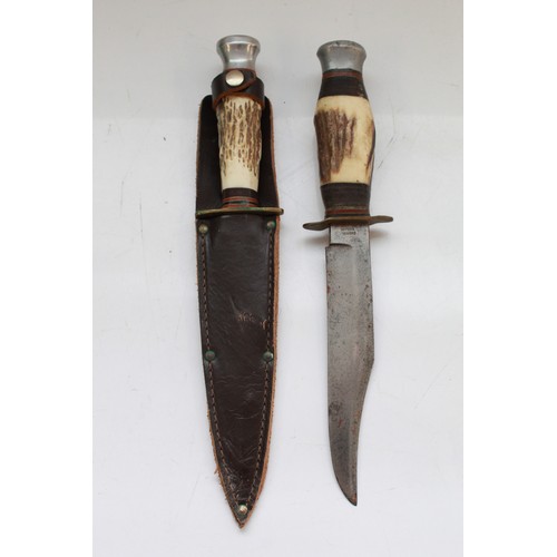 1603 - Venture of Sheffield Bowie hunting knife. Full tang 15cm blade, antler handle with leather washers, ... 