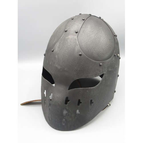 1621 - Full face steel helm, leather fastening straps and riveted detail.