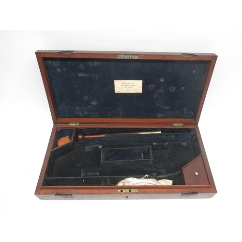 1624 - 19th century mahogany duelling pistol case, fitted interior with some accessories and trade label fo... 