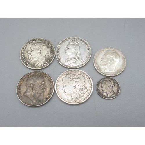 536 - Collection of silver coins to inc. 1921 USA $1, 1865 1 Shilling, 1889 Crown, 1935 Crown, etc. (6 tot... 