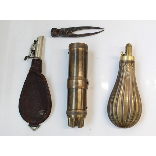 1590B - Brass powder flask, Leather shot flask by William Tindall, 36 Calibre shot mould, and a Colts patent... 