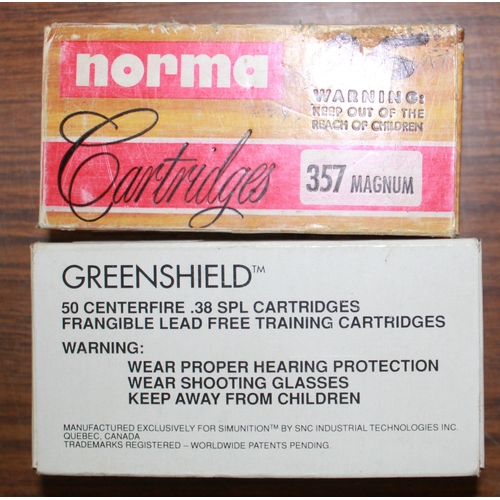 1677 - 50 centerfire Greenshield .38 SPL Cartridges. 50 Norma 357 Magnum cartridges. Section one certificat... 