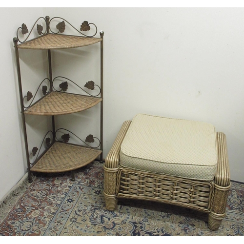 284 - Wicker footstool with loose cushion and a metal framed canework three tier corner what not, W50cm H9... 