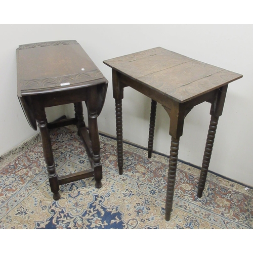 285 - 20th century oak gateleg table with lunette carved oval top and a small oak sewing table with simila... 