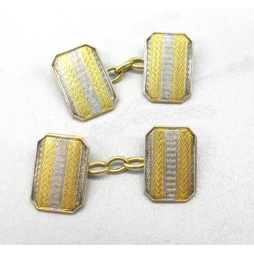 182 - 18ct yellow gold and platinum cufflinks with squared corners and engine turned detail, stamped 18ct ... 