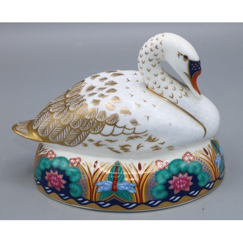 Royal Crown Derby White Swan paperweight, gold stopper, H10.5cm