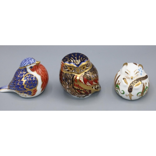 150 - Royal Crown Derby paperweights: Little Owl, Dormouse, and Robin, gold stoppers (3)