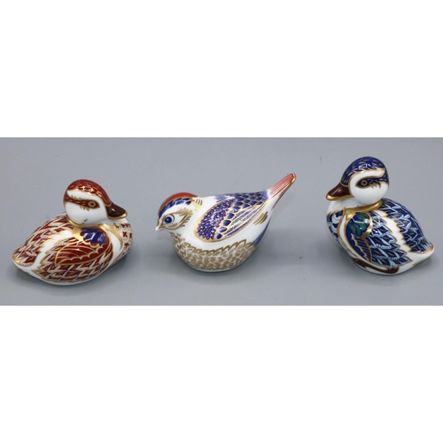 151 - Royal Crown Derby paperweights: two Ducklings, and a Goldcrest, gold stoppers (3)