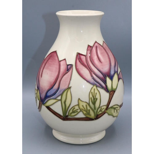 351 - Moorcroft Pottery: Magnolia pattern baluster vase, pink and purple flowers on off-white ground, H19.... 