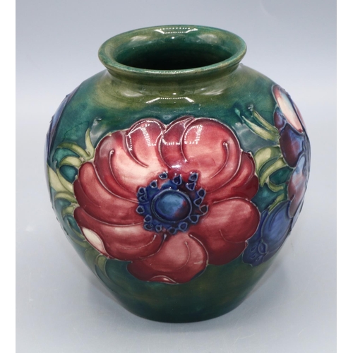 355 - Moorcroft Pottery: Anemone pattern small globular vase, Queen Mary sticker, H10cm