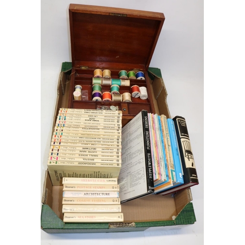 636 - Early 20th century inlaid mahogany sewing box, with lift out tray, W29.5cm; six Observer's books; Co... 