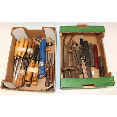 645 - Carpenter's chisels; drill bits; cut throat razors and pair of ice skates