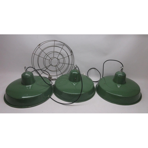 107 - Three large green enamel industrial factory pendant lights with five bulb fittings each