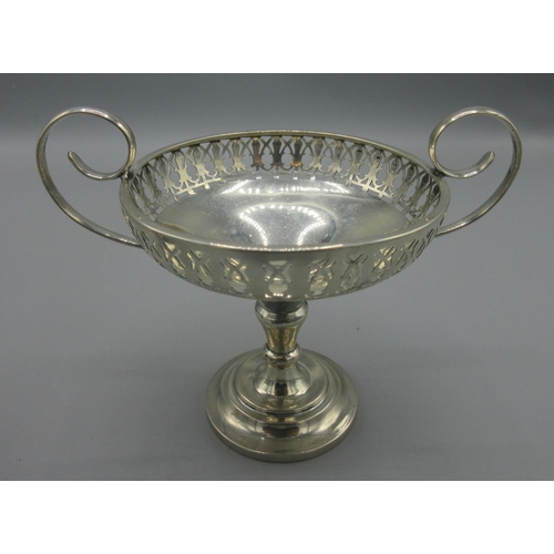 47 - George V silver tazza, twin handles with pierced border and circular foot, makers mark rubbed, Birmi... 