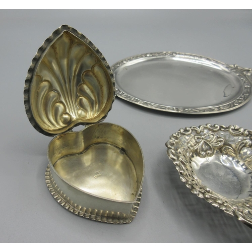 49 - Early 20th century silver oval tray with floral repousse border, hallmarks rubbed, Victorian silver ... 