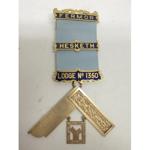 115 - Masonic Interest - 9ct gold and enamel Past Masters jewel for Fermor Hesketh Lodge 1350, to Bro. Don... 